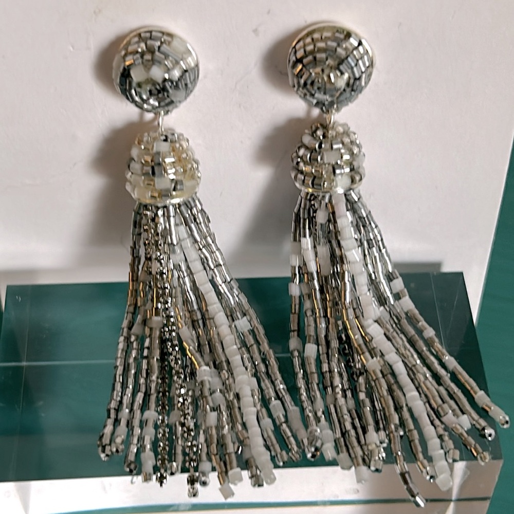 New Loft Hollywood Glam NYE Silver and White Bead Statement Tassel Drop Earrings